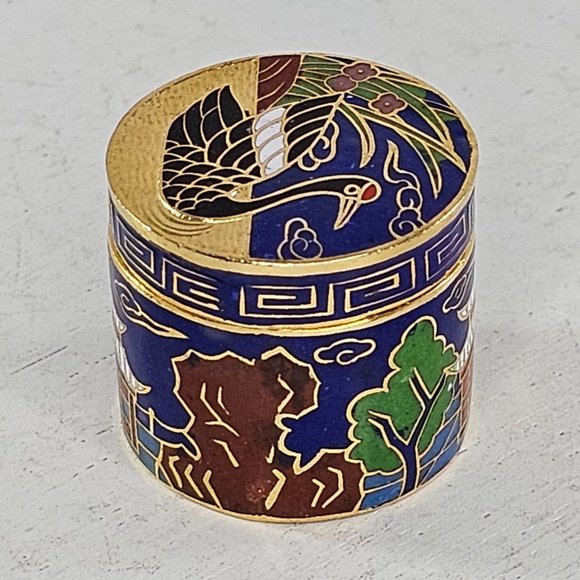 Vintage Cloisonne Enamel Miniature Trinket Snuff Crane Bird Lidded - Picture 4 of 9